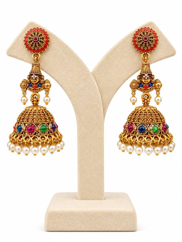 Multi-Color Navaratna Stones & Pearl Temple Jhumka